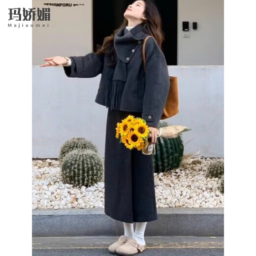 Majiaomei woolen small fragrant dress women's suit 2025 winter new Korean style with a complete set of short coat and skirt coat + mid-length skirt L