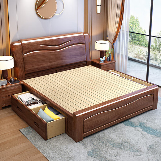 Zihua Massives Holzbett, goldene Walnuss -Single und doppelte 1,8 Meter 1,5 m chinesische leichte Luxushochschubladenaufbewahrungsbett 826# Festholzbett (verbessertes stiles Betttafel) 1,5 m*2,0 m