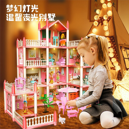 BTOP Juguetes para niños Jugar a las niñas Little Princess Villa Castle Casa de cumpleaños Casa de muñecas Regalos de Navidad [Villa 1 Luz + 2 bebé] Segundo piso 2 dormitorios 1 terraza