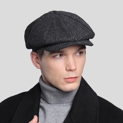 Lufeng Razor Party hat Peaky Blinders octagonal hat retro British woolen newsboy hat men's beret painter hat black and gray plaid head circumference 58-60CM