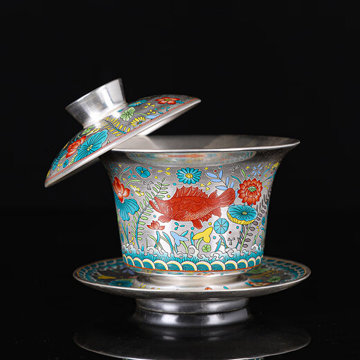 Jiaomingtang Chinese style 999 sterling silver tea set complete set with enamel color gift for elders leaders men high-end retired practical men 10 heads of paradise (silver teapot) - next day delivery