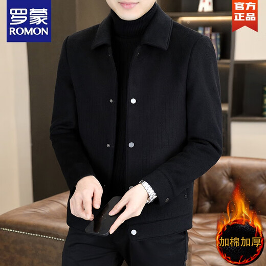 ROMON autumn and winter jacket men's Korean style lapel woolen coat winter men's casual short wool coat HJ8288 black cotton L (110-125Jin Jin equals 0.5kg)