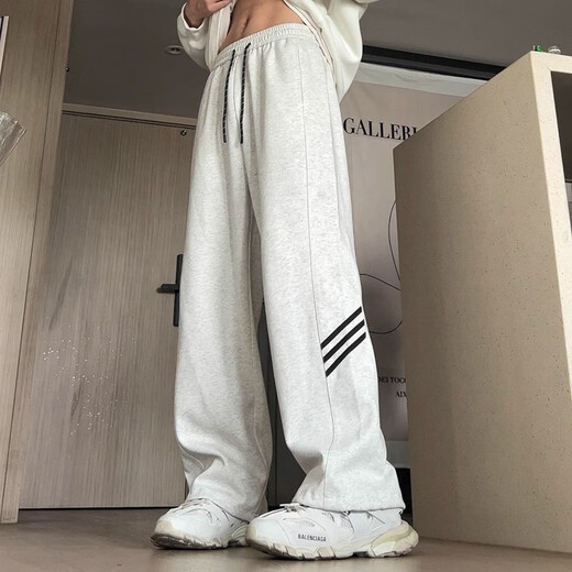 SHANNU pants men's spring and summer thin loose casual straight striped drawstring American high street sports toilet trousers 904 grey [regular] L