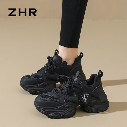 ZHR老爹鞋女运动跑步厚底休闲鞋女潮流透气舒适拼接女鞋 G673黑色 34