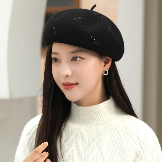 香雪羽秀贝雷帽女秋冬韩版日系画家帽黑色英伦复古休闲百搭羊毛呢蓓蕾帽子 花卡色