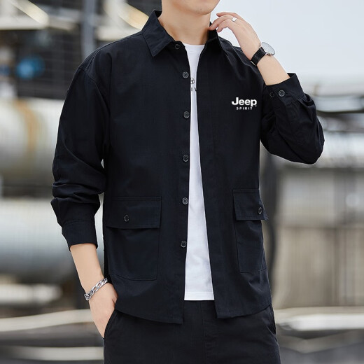 JEEP SPIRIT吉普长袖衬衫男春秋季休闲衬衣外套上衣中青年纯色外穿时尚百服装 军绿 XL (130斤-150斤)