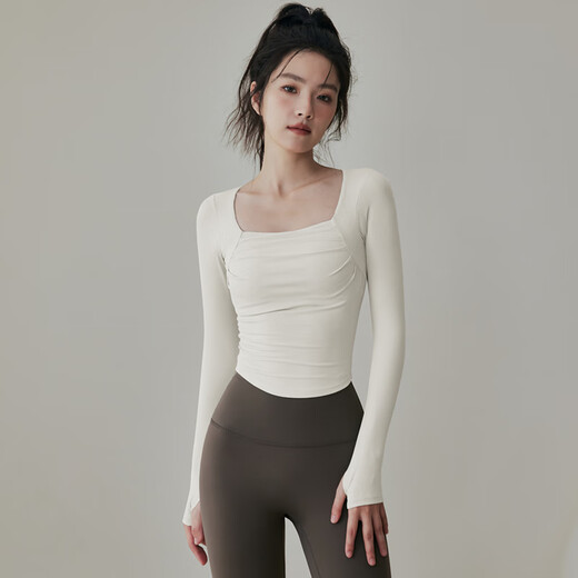 LULULOMDDW high-end yoga wear with chest pads for women long-sleeved sports tops running slim Pilates training autumn and winter fitness clothes milk tea white L recommended 100-115 Jin Jin equals 0.5 kg
