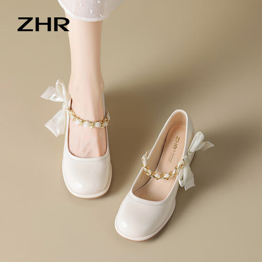 ZHR Mary Jane shoes for women's temperament, shallow mouth thick high heels, elegant square toe women's shoes BL170 beige white 37