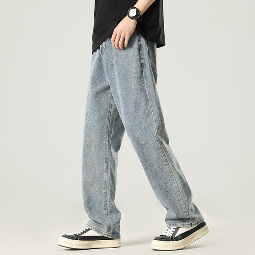 Foss Phil jeans for men in autumn and winter, versatile, slim, loose, straight, trendy wide-leg American casual pants, medium blue XL