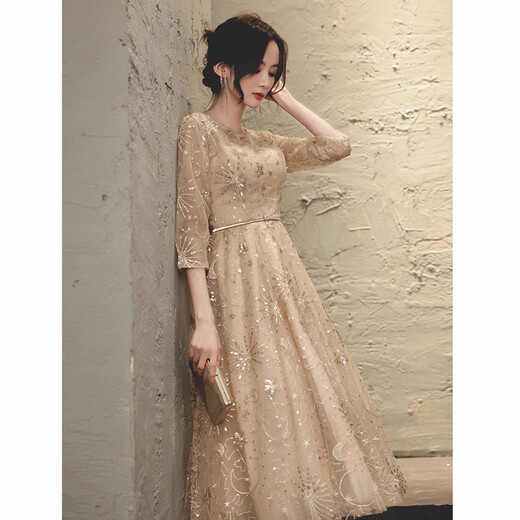 Maxbeth evening dress for women's banquet new champagne color light luxury temperament fairy dress for small people can be worn at ordinary times champagne color S