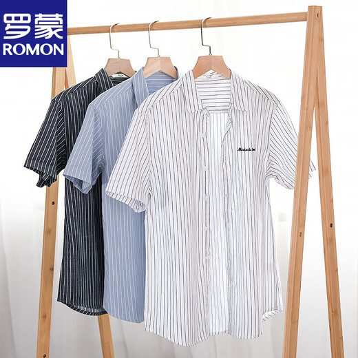 
Lomon men's striped shirt short sleeve loose summer thin Japanese casual versatile cotton shirt summer clothes 9740 blue 3XL 160Jin [Jin equals 0.5 kg]