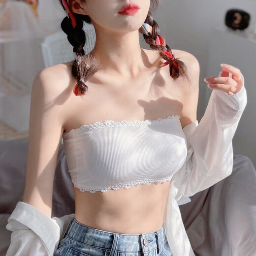 Master Yun strapless underwear for women with small breasts, gathered non-slip bandeau style invisible bra, lace bottoming, anti-exposure, chest-wrapped summer YDS-threaded lace white + black