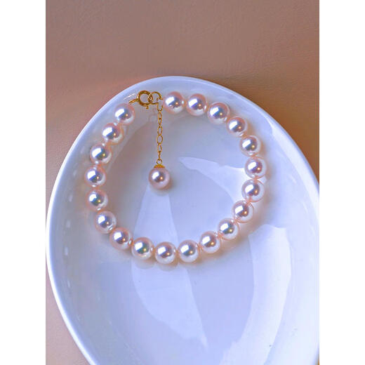 Ancient Japanese aoya natural seawater pearl bracelet 18 gold bracelet bracelet with extremely bright white and transparent pink round beads Style 1 (please note if you want white/pink) 16cm6-7mm