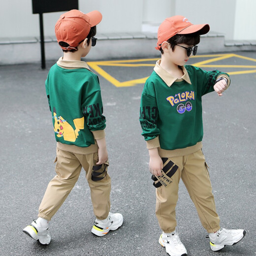Qiao Gong Ju Children's Clothing Boys Suit Autumn Clothing 2021 New Children's Casual Sweater + Sweatpants Two-piece Set Trendy Fashion Boys Spring and Autumn Clothes Green 140 Sizes (Recommended Height 130 cm)