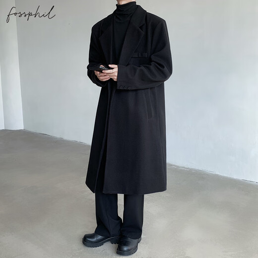 Foss Phil woolen coat men's autumn and winter trendy brand loose black high-end mid-length windbreaker jacket J251 black L