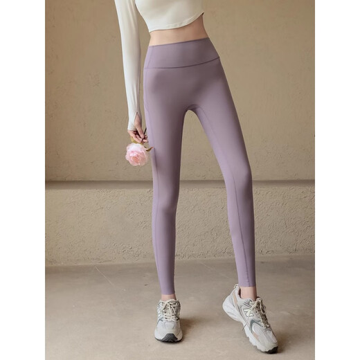 LULU CENTURY yoga pants for women for all seasons, high waist and hip lifting, seamless sports tight elastic running Pilates training fitness pants for women, purple gray M (95-110Jin Jin is equal to 0.5kg)