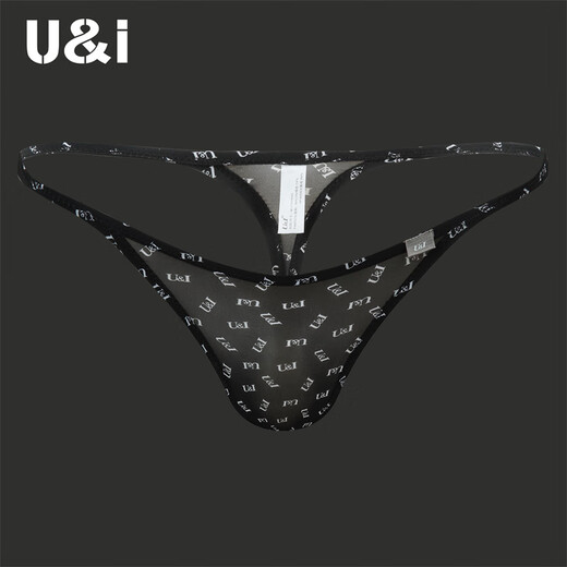 U&I men's sexy thong one-piece upward bag ultra-thin ice silk trendy pattern brand underwear 1117-P black X red dots 1 pair 2XL