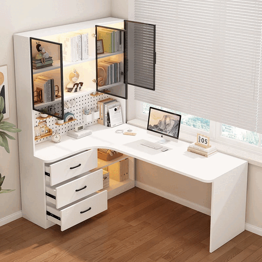 Suzhan solid wood desk and bookshelf integrated bedroom children's writing desk simple corner desk desktop office computer table solid wood ecological board cream white - bookcase on the left 120*65*170 bookcase two glass doors