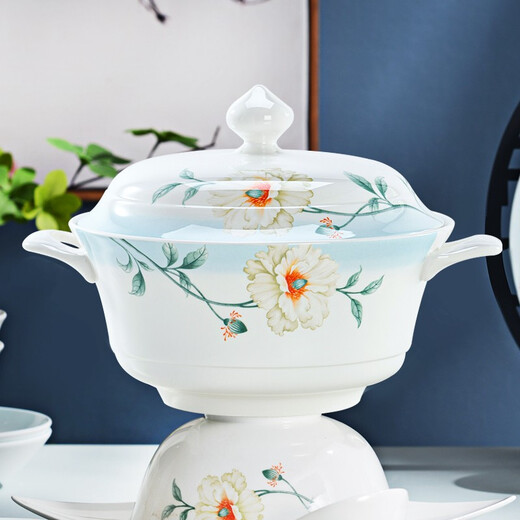 Guoyue Bone porcelain tableware set for home use new Chinese-style bowl and dish set for ceramic bowl and utensils microwave glaze colored bowl and plate combination, simple brocade flower with breakfast cup, gift box set, 62-piece set