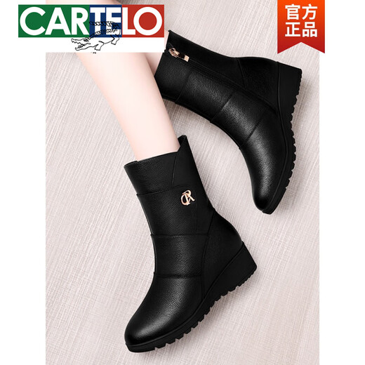 卡帝乐鳄鱼（CARTELO）头层牛皮中筒靴女靴2023年新款真皮软底短靴秋冬加绒中年妈妈马靴 GQ 9716 黑色 加绒 4.5厘米 34