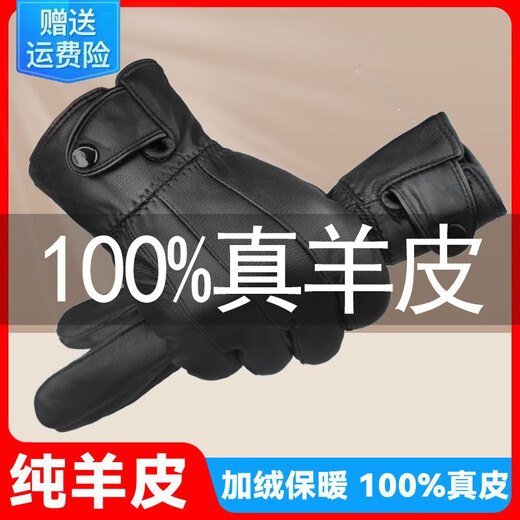 Spring Night Snow Pure Sheepskin Men's Genuine Leather Gloves Plus Velvet Thickened Windproof and Warm Cycling Driving Gloves Genuine Leather Style - Buckle - Black Men