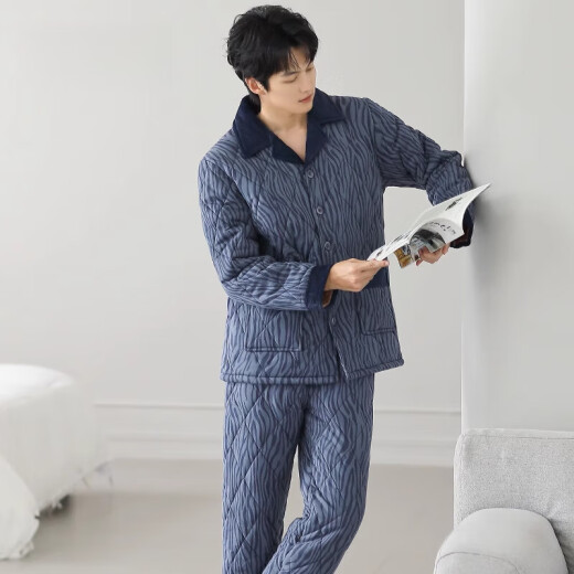莫代尔睡衣男士冬季三层加厚加绒纯棉夹棉袄秋冬款珊瑚绒保暖家居服套装 3887 M 165 码建议体重100-125斤
