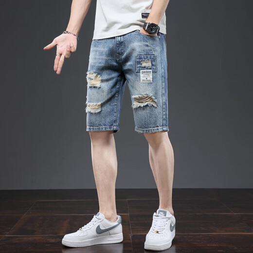衣然呈品美式潮牌夏季新款牛仔短裤男直筒宽松休闲百搭中裤破洞五分裤子男 【两件装】6027蓝色+6189蓝色 28【建议80-90斤】