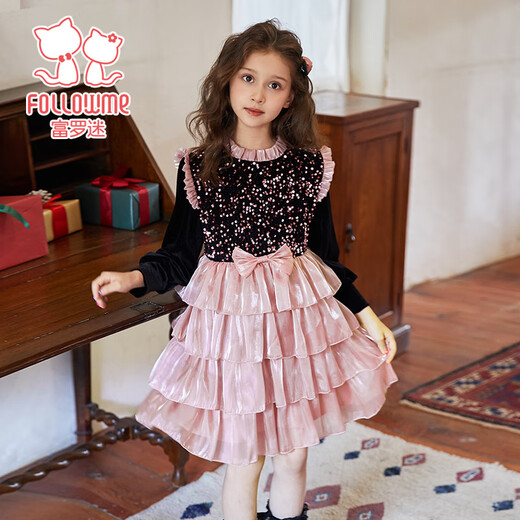 Fuluo Mi Girls Dress Winter Girl Red Sequin Princess Dress Western Style Performance Dress Pink 140cm