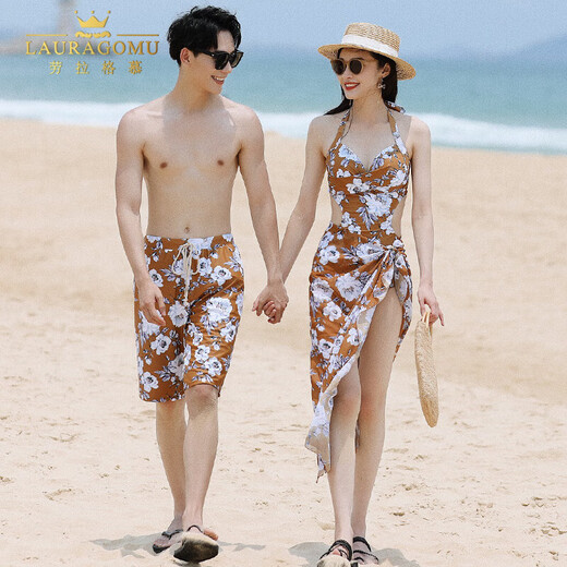 Lauragomu 2025 new couple swimsuit female sexy bikini shawl wetsuit men's beach swimming trunks seaside couple wear earth yellow L men's pants