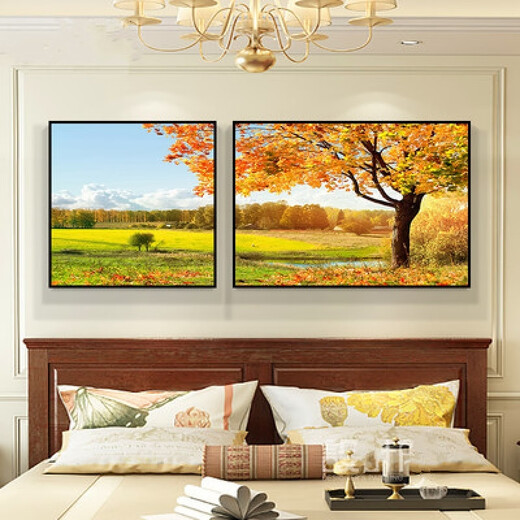 ZRQF pastoral landscape Decorative painting Bedroom background wall hanging painting Hotel room wall mural American country style-1 70*70+100*70 12mm thin plate fabric film