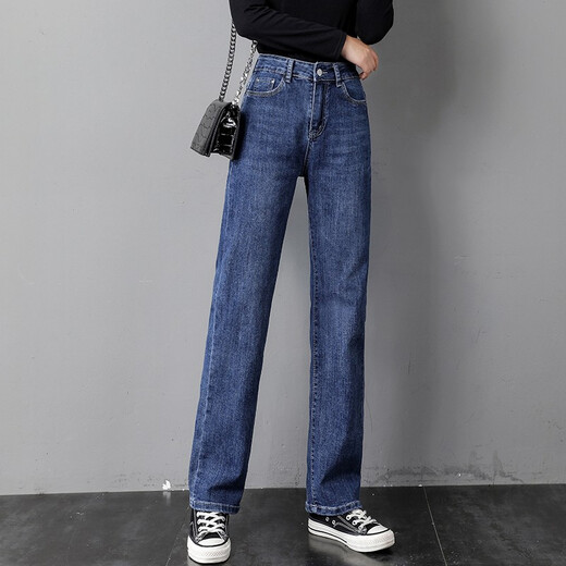 Sidiv -Jeans für Frauen im Frühling und Herbst hohe Taille gerade Hosen für Frauen lose Plüschdicke Hose für Winter schlampen koreanischer Stil vielseitiger Frauenhose Blau einzelner Stil [6625] Größe 30 Größe (zwei Füße drei)