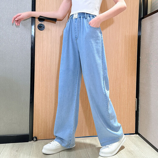 NICKYBABY女童夏季牛仔裤套装2025新款网红洋气儿童初中生夏装短袖阔腿大童 9889白色+15023蓝色 170
