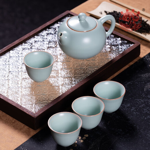 Longquan Celadon Ru Kiln Kung Fu Tea Set Household Chinese Teapot and Cup Simple One Pot Four Cups for Drinking Tea and Making Tea Cups for Gifts Ru Porcelain Tea Set Gift Box