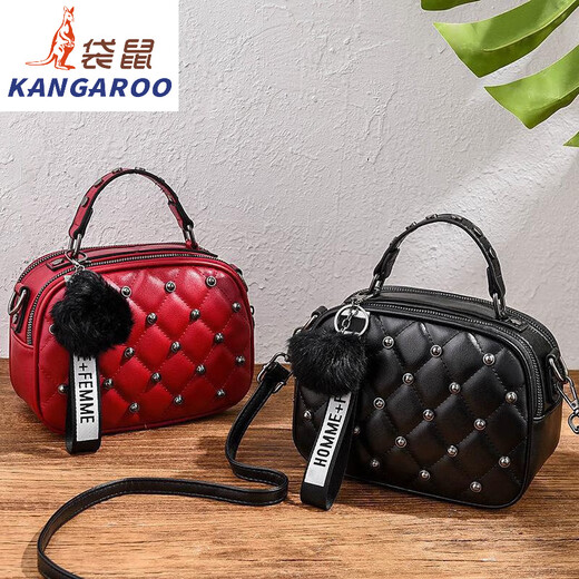 袋鼠（KANGAROO）斜挎小包包女2025时尚复古单肩包铆钉双层手提小方包 753# 黑色