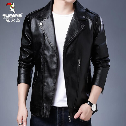 Woodpecker Leather Men's Jacket 2025 Autumn New Leather Jacket Men's Imitation Leather Jacket Business Slim Trendy Motorcycle Jacket Men Black XL