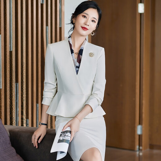 安依莲美容院工作服珠宝店西装套裙两件套春季职业装女人味西服工装制服 2987白色西装+653短群 XL