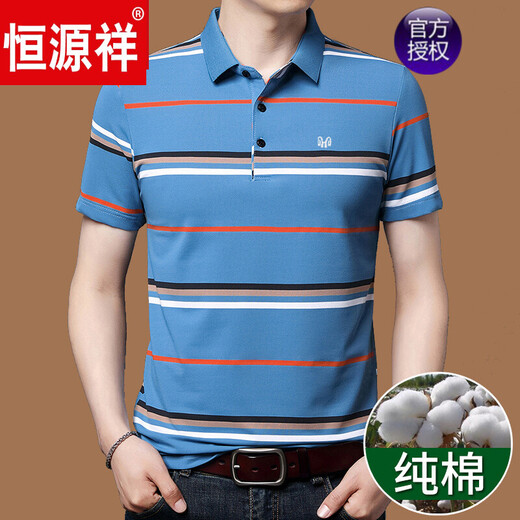 恒源祥品牌短袖T恤男纯棉翻领中年爸爸夏装特大码胖子条纹高端保罗衫男 HFX963蓝色 M 165【120斤内】