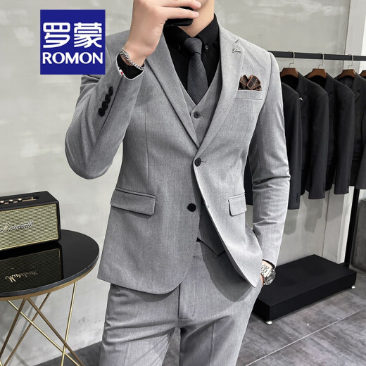 罗蒙（ROMON）轻熟风休闲大码西服套装男韩版修身两粒扣三件套通勤商务小西装潮 中灰色【西装+马甲+西裤】 2XL (建议135-145斤内)
