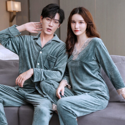 Weipinhui couples pajamas island velvet light luxury long-sleeved sexy pajamas for women autumn and winter large size double-sided velvet men's pajamas two-piece set couple outfit winter 8801-6 green blue gray [couple outfit] female M + male L