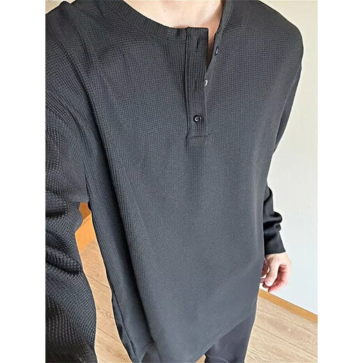 Jian Xingheng gray Henry collar long-sleeved T-shirt for men in spring and autumn American style T-shirt waffle loose casual inner layering shirt black plus velvet 1381 M 80-100Jin Jin equals 0.5 kg