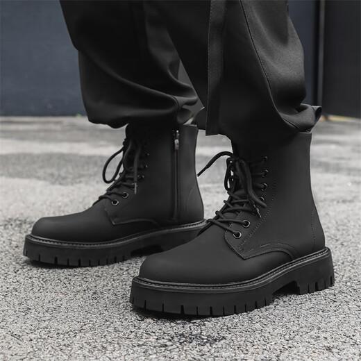 Jingmai Cowide Martin Boots Herren High Top Lederschuhe Herrenstiefel Mittelstiefel Frühling und Herbst Hochverstärkt atmungsaktive schwarze Lokomotive-Stiefel Schwarze High-Top-Matte [Frühling und Sommer] Größe 40 (= Sportschuhe 41)