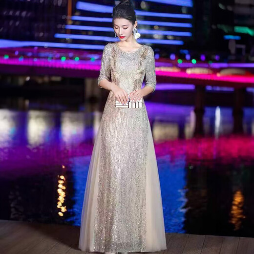 HKPK Banquet Evening Dress Женское высококачественное подарки для взрослых Light Light Luxury Dress Nice High-end Perfin Chorus Performance Длина шампанского серебристого 5xl Одиночное размер