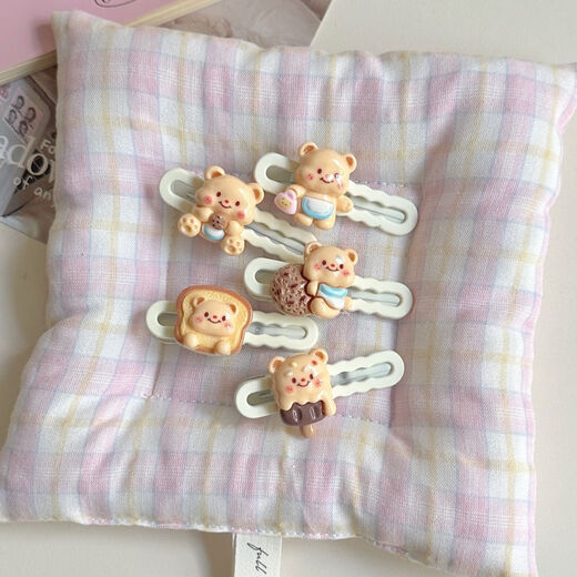 Qindu Cookie Bread Butter Bear Hairpin Cute Bangs Hair Accessories Headband Duckbill Girl Pink Cartoon Clip SN86 Value Set of 5 (1 each)
