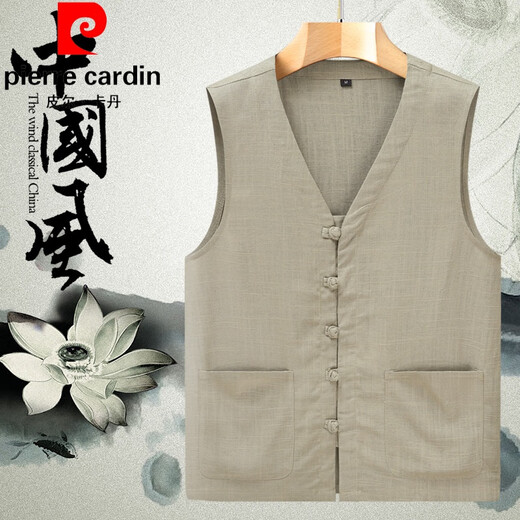 皮尔卡丹（pierre cardin）中老年棉麻男士夏季薄款马甲宽松无袖汗衫坎肩老头衫大码马褂背心 灰色 XL