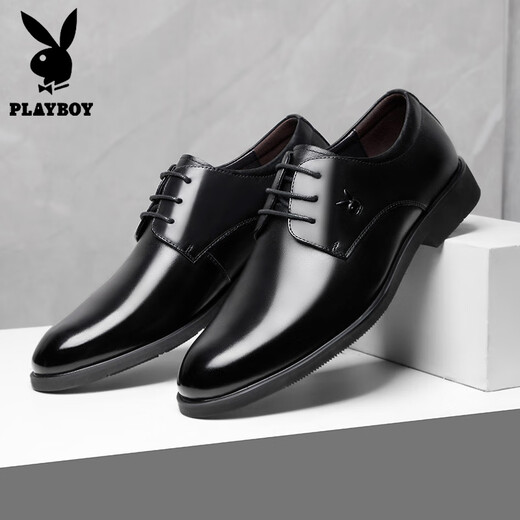 Playboy leather shoes for men business casual top layer cowhide and perforated formal wear soft leather one foot step men's shoes large size new groomsman 1591 black 42