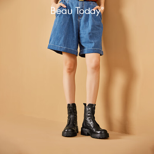 Beautoday Botas de cuero de cuero genuinas de suela gruesa Botas para mujeres Retro Style British Tube Boots Boots Gris Knight Boots Pequeñas botas elevadas para mujeres Classic Black 36