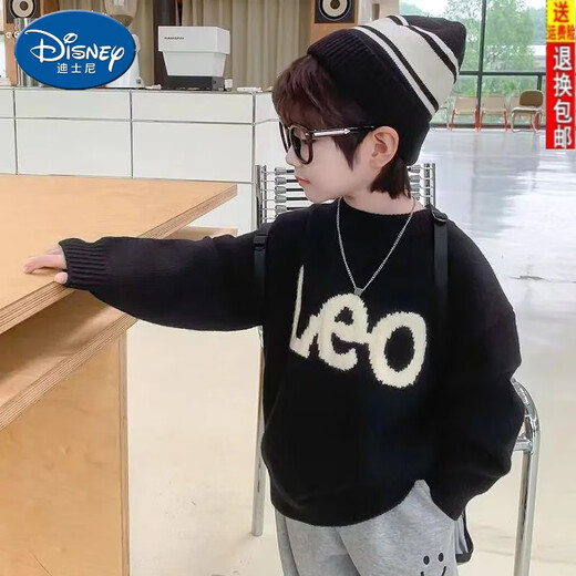 迪士尼（Disney）儿童毛衣韩版男童上衣百搭宝宝针织衫女童套头圆领毛线衣潮流外套 黑色加绒加厚一体绒【男女提花LE 130
