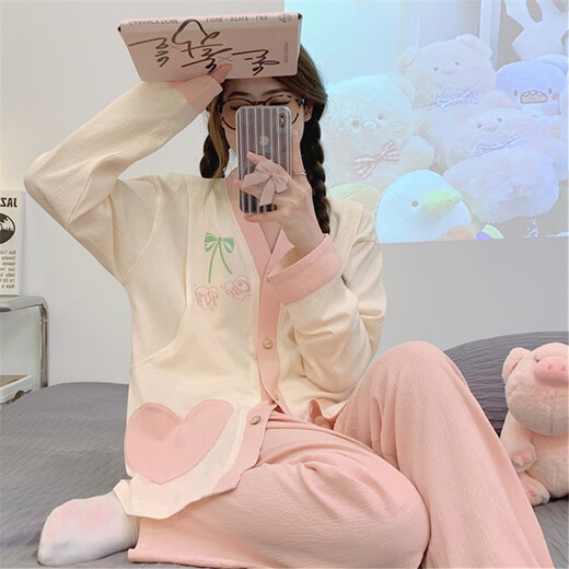 欧鹿汐（OULUXI）纯色皱布棉质月子服春秋孕妇睡衣夏季透气吸汗产妇产后哺乳喂奶衣 AXXE724少女心 2XL码 (建议135-155斤)