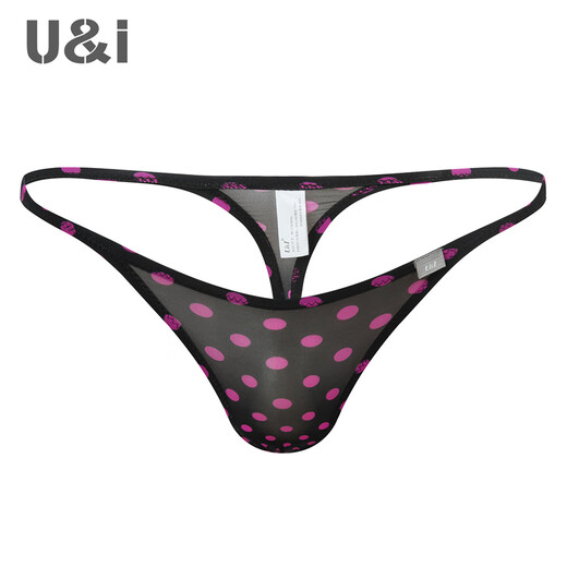 U&I men's sexy thong one-piece upward bag ultra-thin ice silk trendy pattern brand underwear 1117-P black X red dots 1 pair 2XL