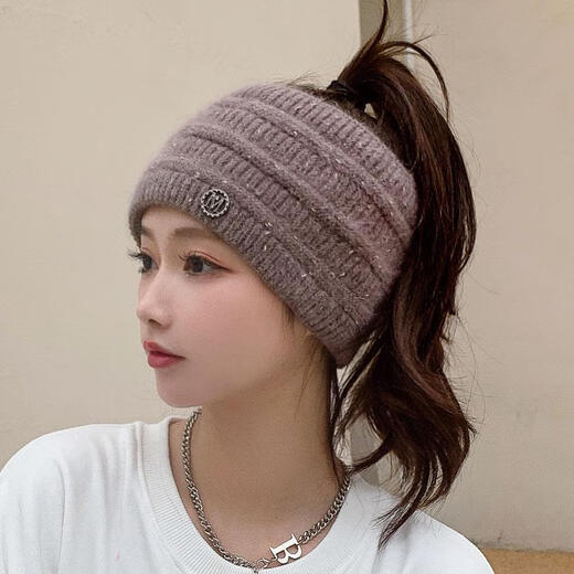 UKCF Woolen Hat Women's Autumn and Winter Revealed Hair Ponytail Hat Plus Velvet Revealed Ponytail Winter Topless Rabbit Fur Knitted Hat Black Leakable Ponytail Headband One Size Elastic